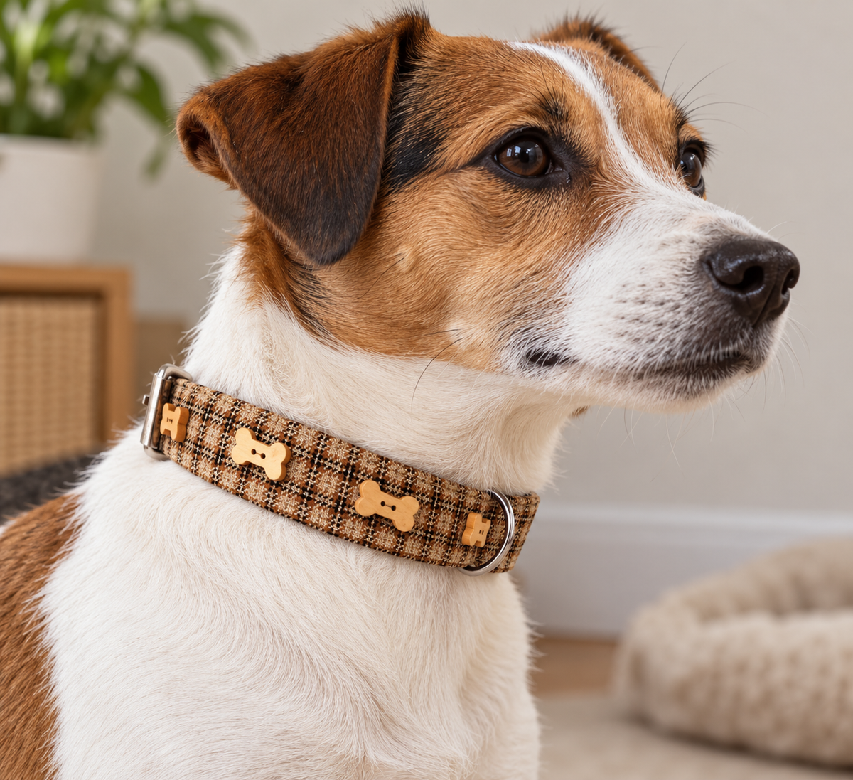 Prediletto brown tweed dog collar with wooden bone decorations worn by a small terrier