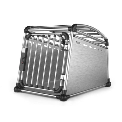 Medium aluminium dog travel crate with barred door and solid side panels