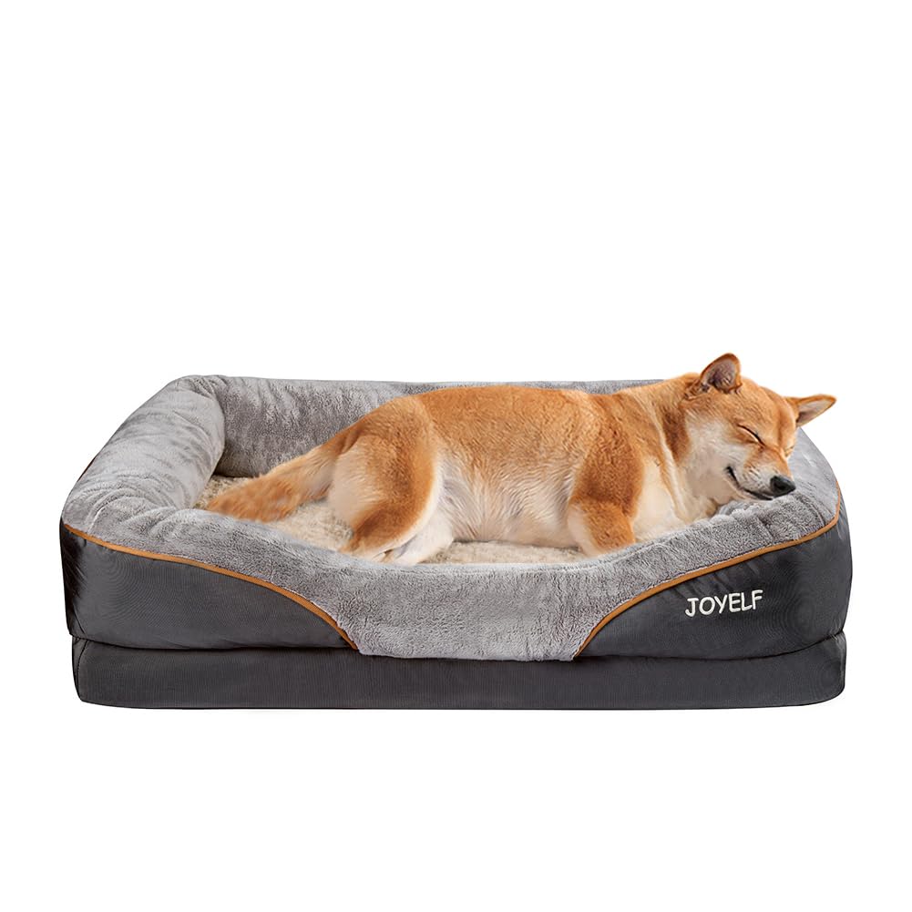 Grey orthopedic memory foam dog sofa bed with raised padded sides