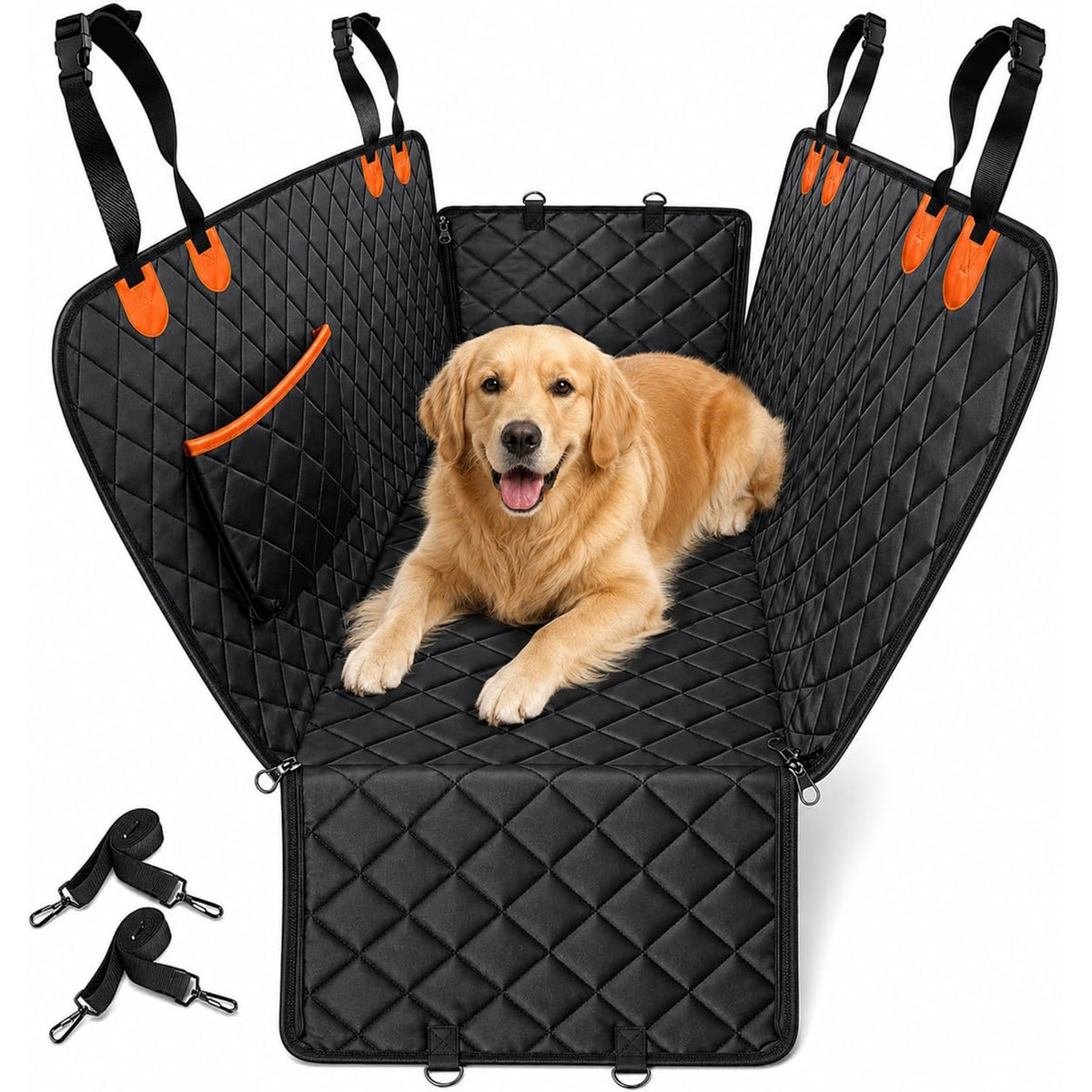Black quilted waterproof dog car seat hammock with raised side flaps and straps