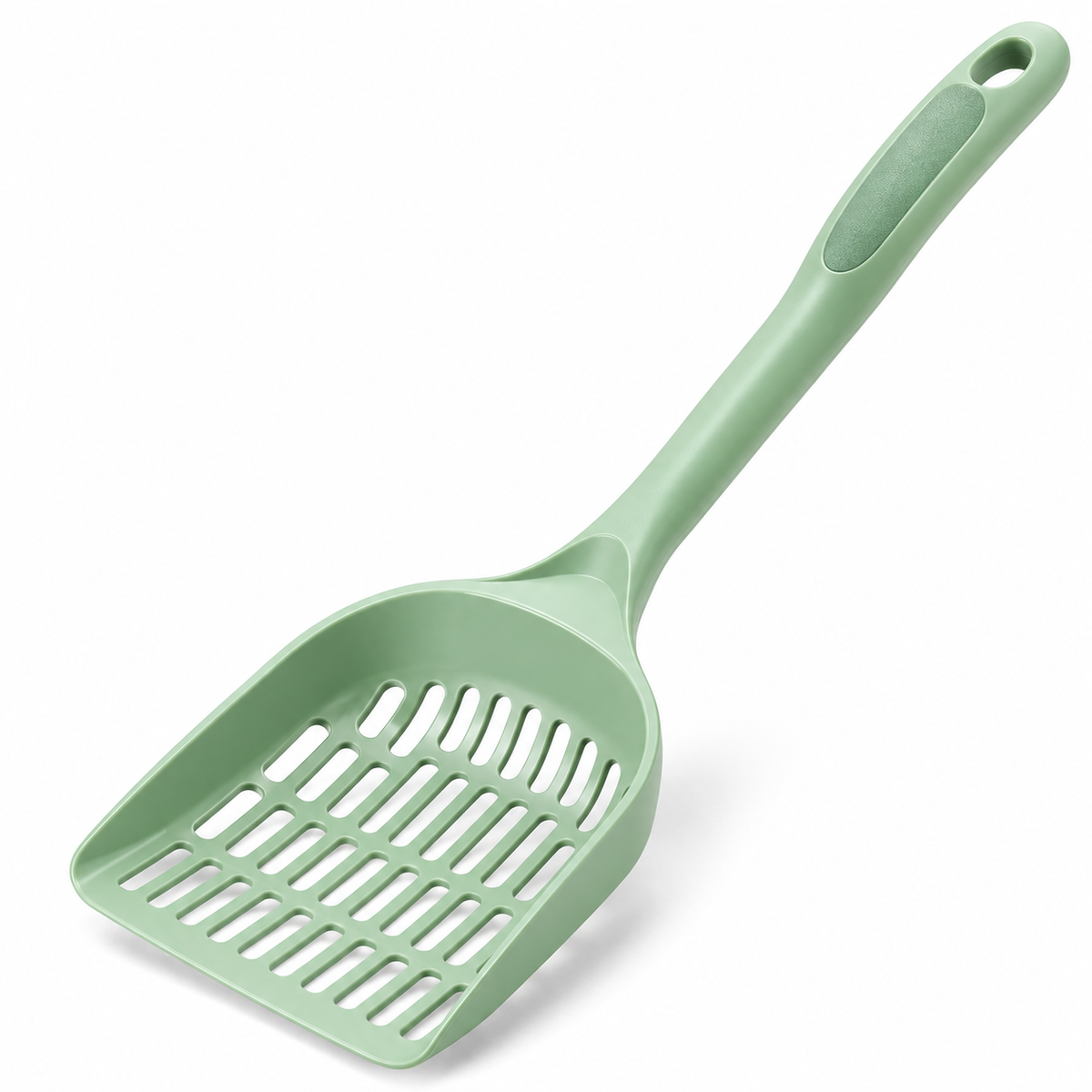 Mint-green long-handle cat litter scoop with slotted head