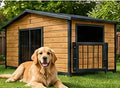 Outdoor wooden dog kennel with sloped roof